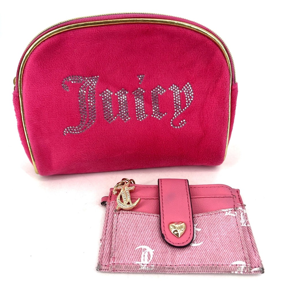 VTG Juicy Couture Pink Wallet Y2K Card Holder Logo Charm & Velour Makeup Bag